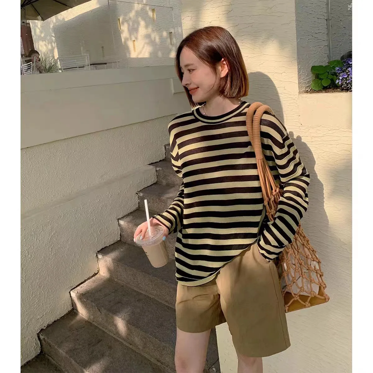 ملابس تريكو مخططة من الكتان من LICKYSENIOR ملابس خارجية صيفية رفيعة للحماية من الشمس ملابس خارجية فضفاضة عالية الجودة من TikTok Taobao بياقة بولو وأكمام طويلة #4