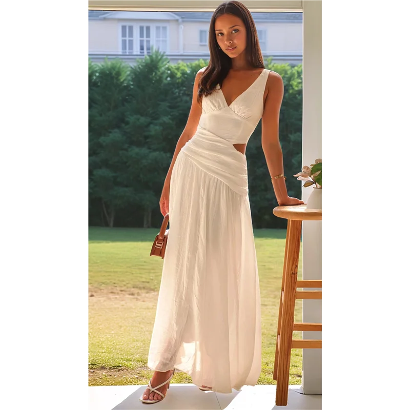 AOAO-Women's Long Drop Waist Ruched Summer Party Dress Flowy V Neck Cut Out Pleated Ladies Dresses