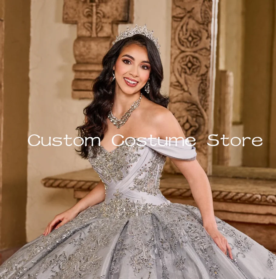 Silver Sparkly Princess Charro Quinceanera Dresses Off Shoulder Gillter Beaded Lace Corset vestidos de 15 años customized