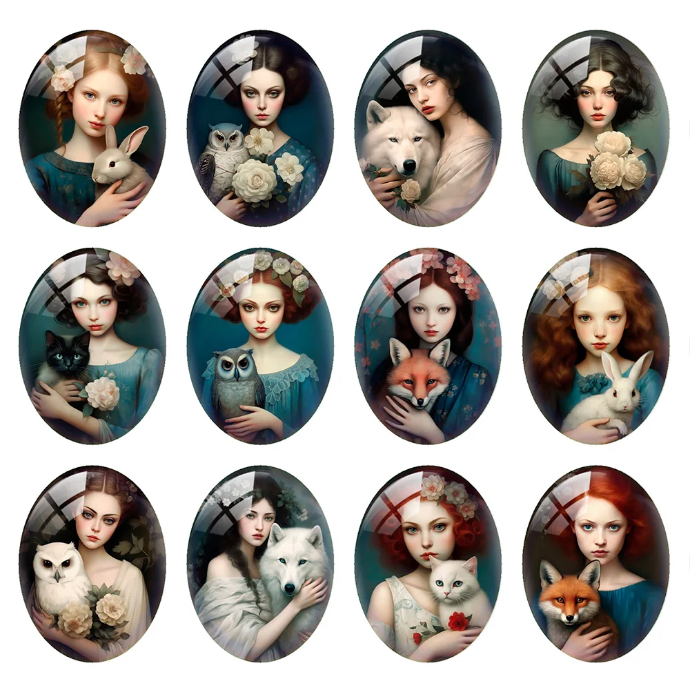 Cabujón de cristal plano con fotos de animales (lobo, zorro, conejo, gato) y flores, surtido aleatorio (redondo/ovalado/cuadrado), para la creación de joyas DIY