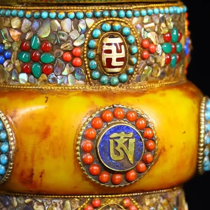 

8"Xizang Folk Collection Old Bronze Mosaic Gem gZi Bead Turquoise Prayer Wheel Old Scripture Amulet Worship Hall Town house