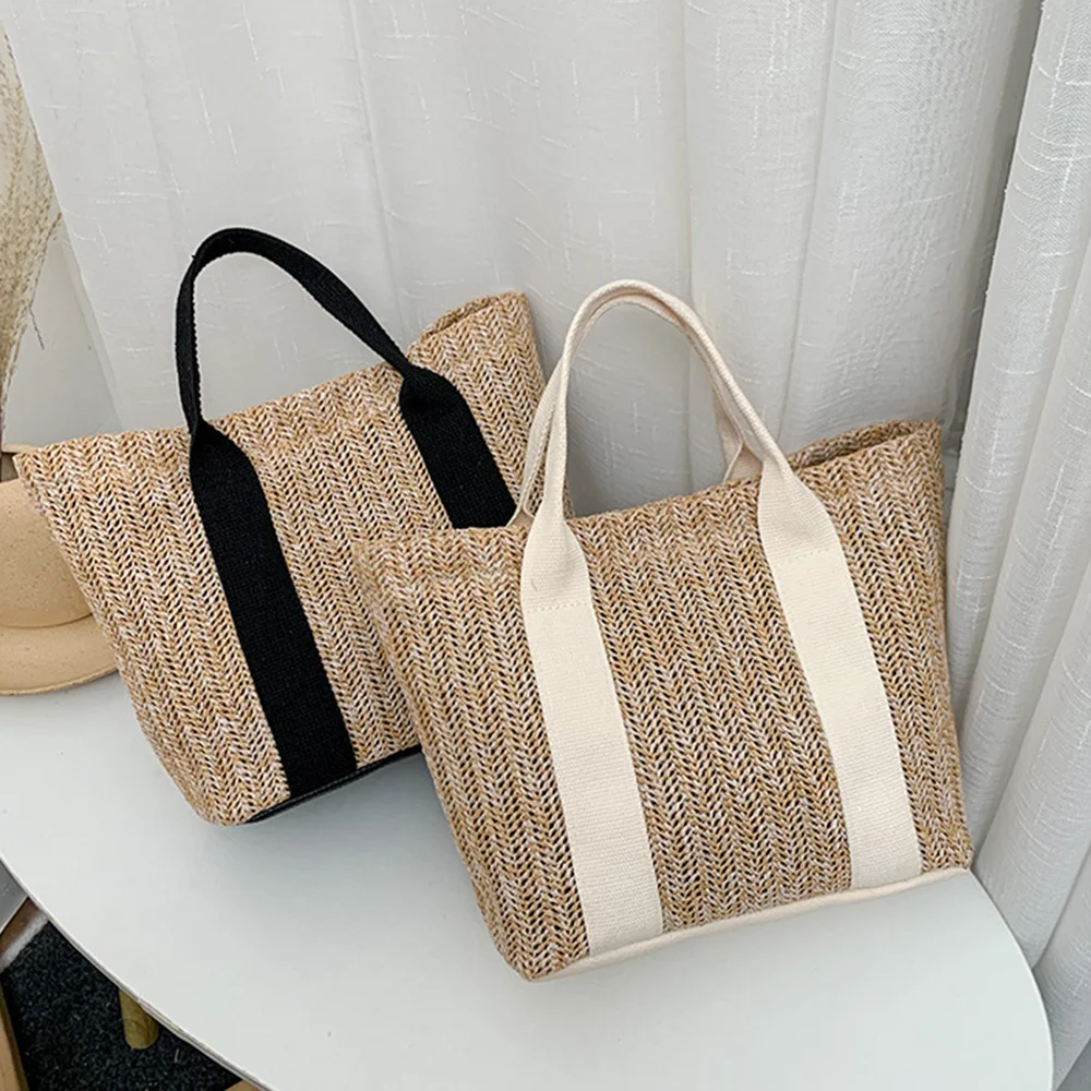 Summer Boho Handbag Tote Bag Women Straw Woven Rattan Basket Toiletry Storage Beach Handbag Travel Reusable Shoulder Bag Pouch