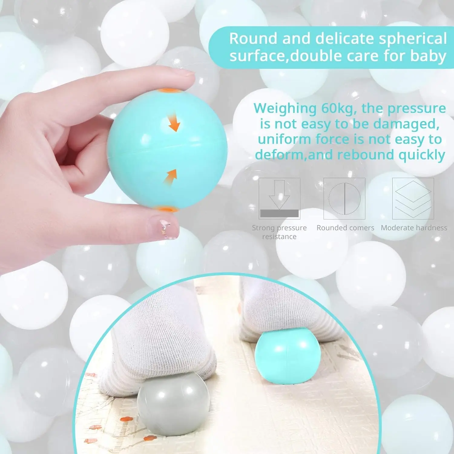 부드러운 플라스틱 볼 풀 공, 100개 민트 그린+블랙/그레이/화이트 플라스틱 장난감 공, 파티용 크러쉬 프루프 스트레스 볼