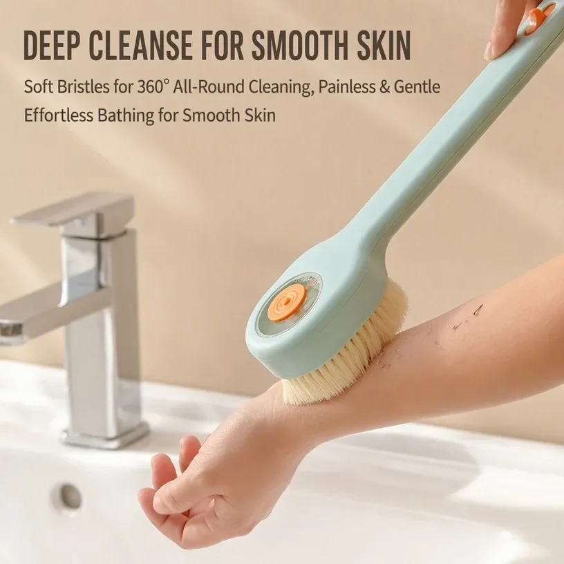 Liquid Filled Soft Hair Bath Brush 1PC Long Handle with Back Sponge Rubbing Tool Exfoliating Massage Cleaning Brush for Shower