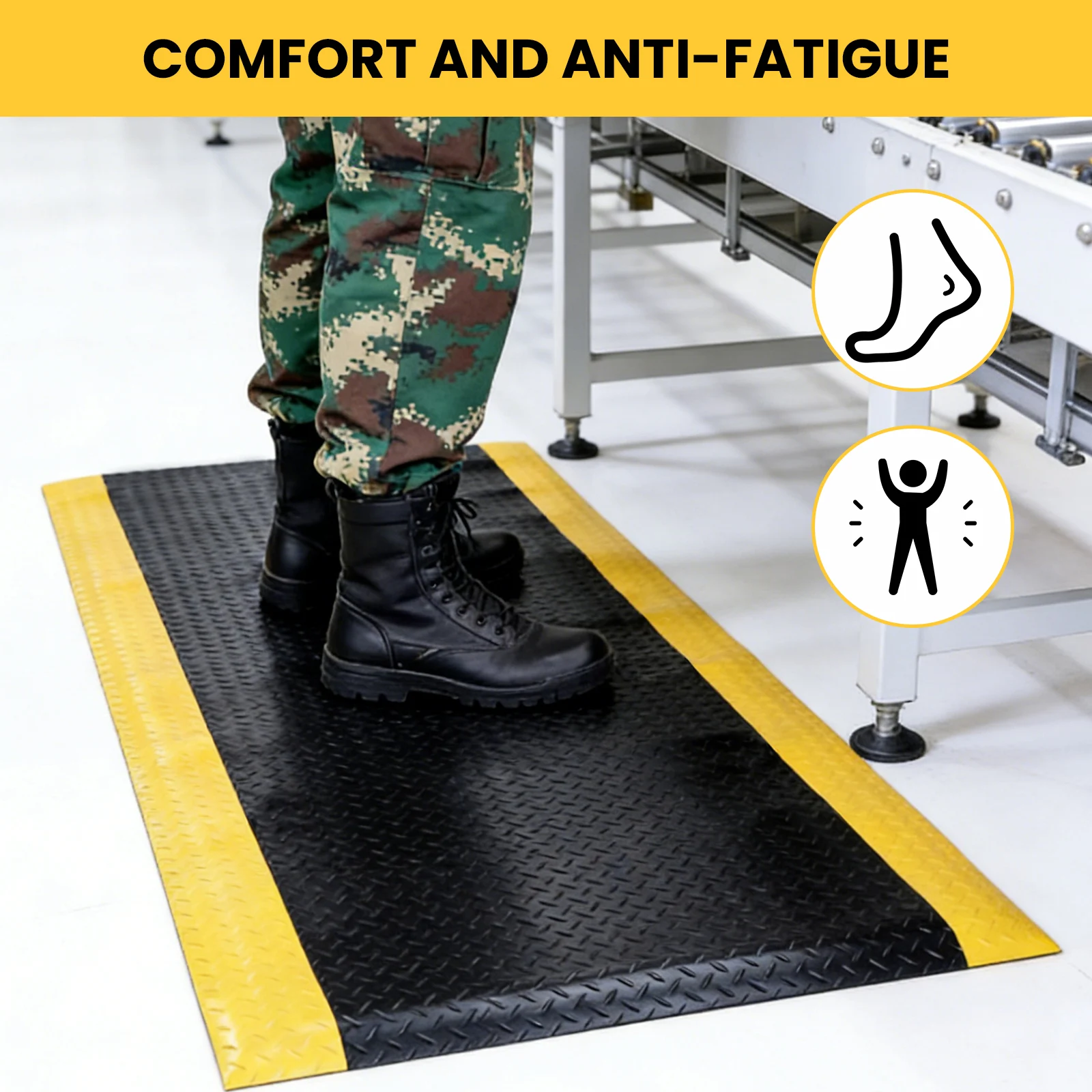 

Промышленный противоусталостный напольный коврик 144x36 дюймов с желтой защитной окантовкой, утолщенный губчатый противоусталостный коврик для гаражей и складов