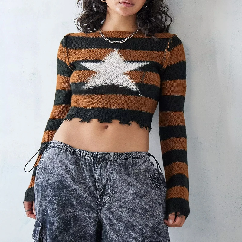 Y2K Vintage Star Striped Knit Pullover Harajuku Aesthetic Japanese Crochet Sweater Women Contrast Long Sleeve Ripped Jumpers