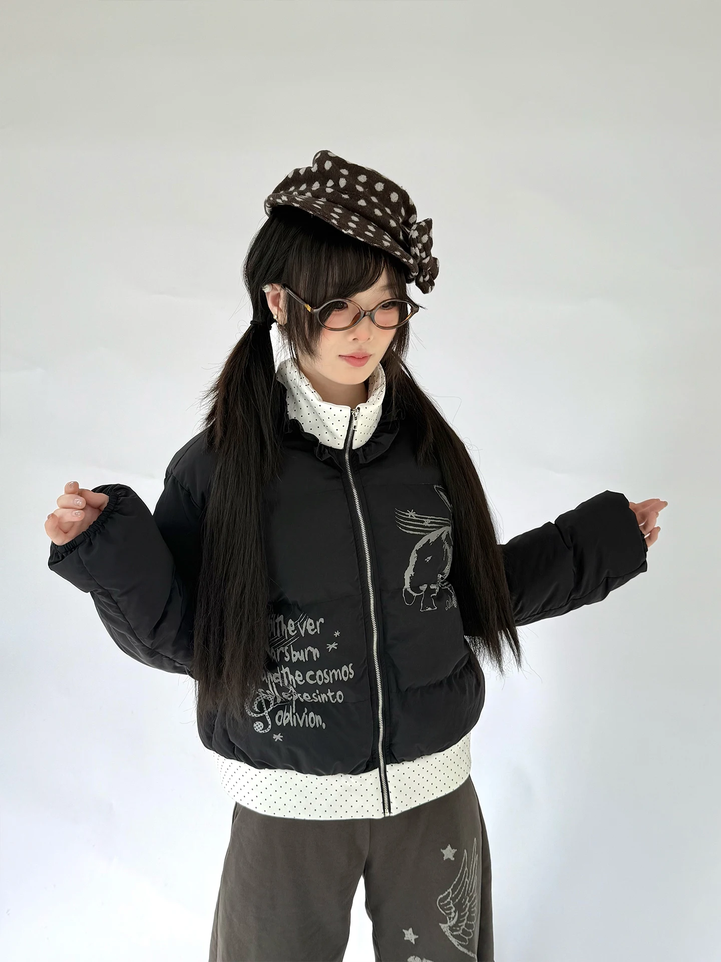 

Теплая хлопковая куртка с милым принтом кролика, в горошек, с элементами пэчворка, женская, для дома, модная, прямого кроя, короткое пальто из нейлоновой ткани