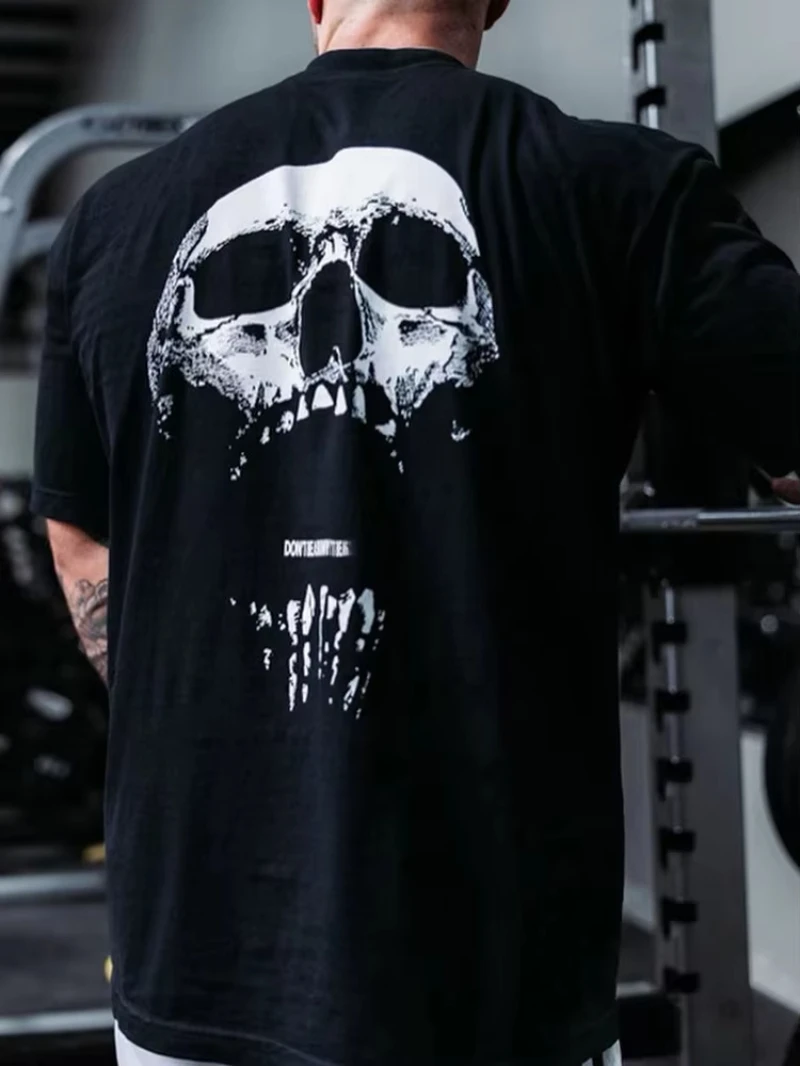 Men's Black Oversized Gym T-Shirt, Gothic Skull Back Print, Hardcore Workout Streetwear Tee for Bodybuilding & Lifting