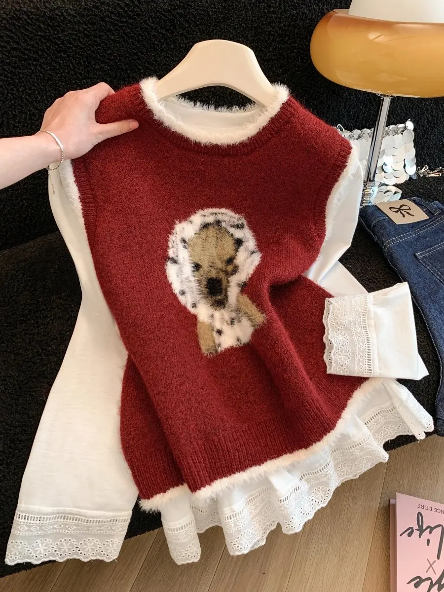 

New Year Set Red Embroidered Dog Knitted Svel Sweater Vest Women's Autumn Winter Base Layer Two Piece Set Commute Sle...
