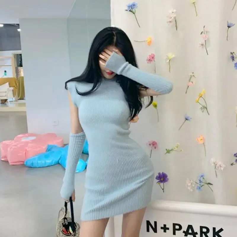 

Sleeveless Dress Women Knitting O-neck Sexy Slim Korean Style Girls Elastic Sweet Streetwear Lovely Pure Fashion Lady New zq19