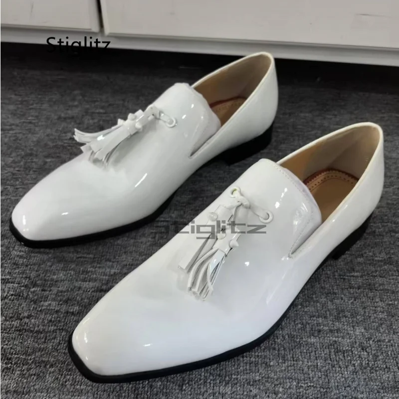 

White Bright Leather Dress Shoes for Men Small Square Toe Slip On Tassel Patent Leather Male Shoes Elegant Wedding Office Shoes