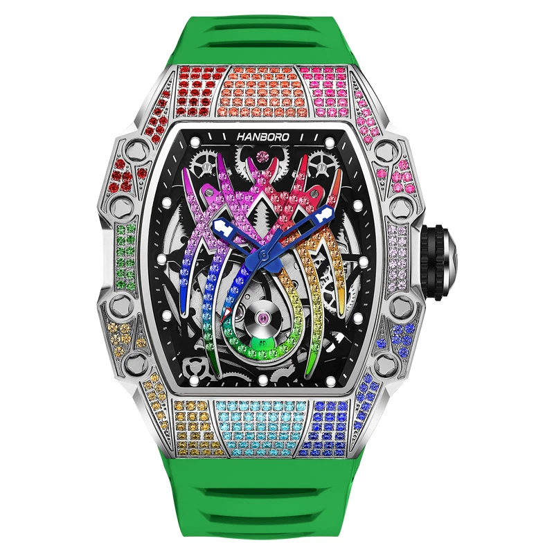 HANBORO Men Automatic Watch 50mm*41mm Tonneau Mechanical Wristwatch Luminous Skeleton Spider Dial Crystal Bezel 50m Waterproof