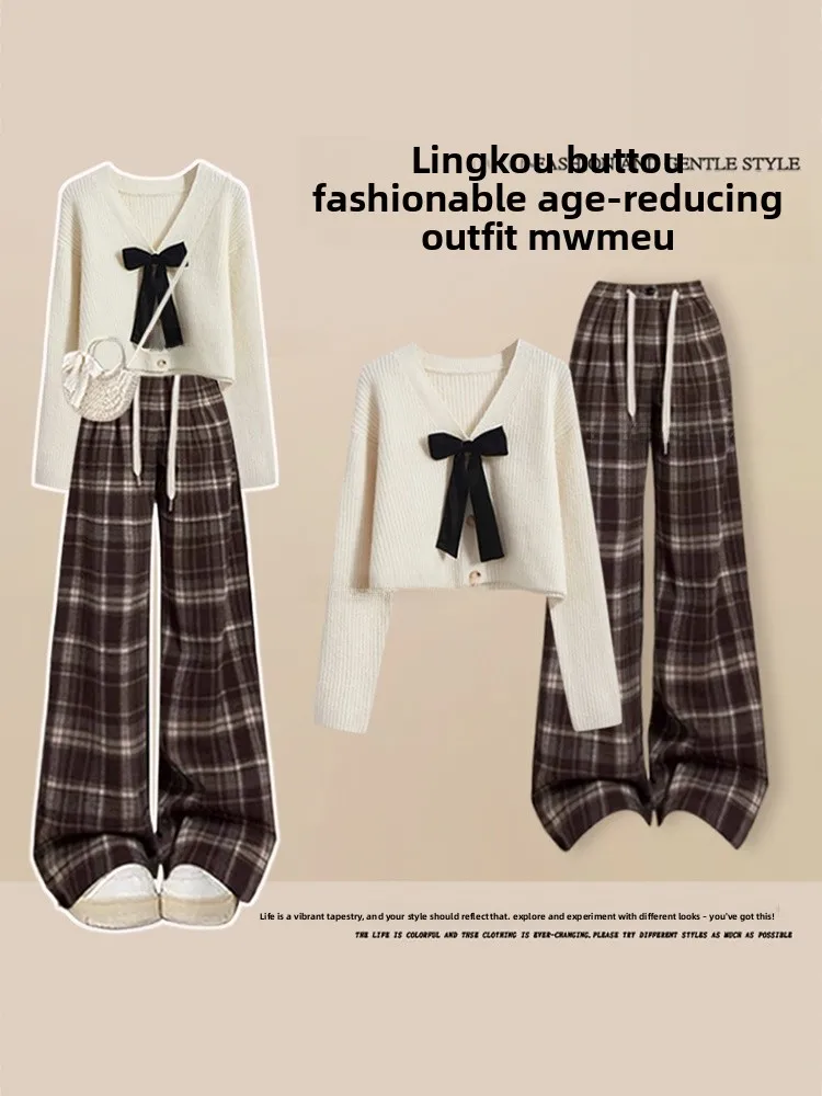 Anti-Aging Large Size Autumnal Outfit Women's Knitted Sweater with Bow Design And Slimming Effect Casual Plaid Pants Two-Piec...