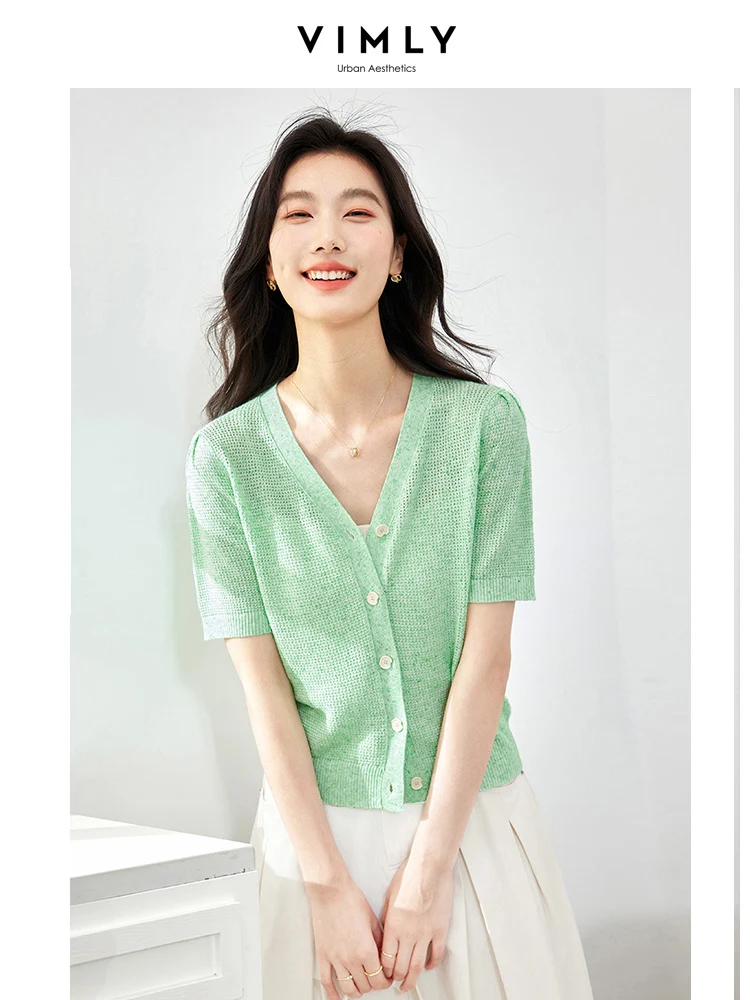 

VIMLY Women Vintage V-Neck Short Sleeve Knitted Cardigan Summer Fashion Solid Color Thin Knit Top Simple Casual Clothing