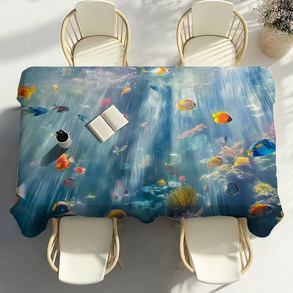 Sea World Fishes Table Cloth Party Decor Dining Room Home Kitchen Patios Waterproof Stain-Proof Table Cloth