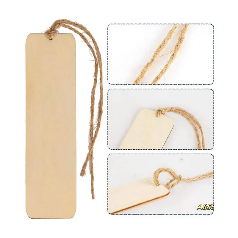 

200 PCS Wood Blank Bookmarks Unfinished Wooden Book Marks Hanging Tag With Holes And Ropes DIY Craft Projects