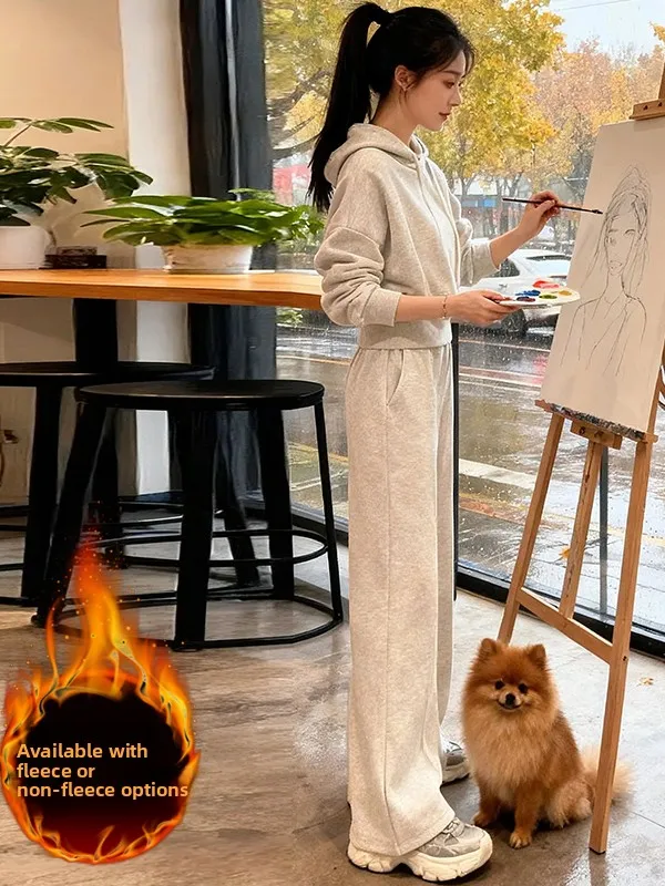 

Winter Thickened Fleece Lined Casual Sportswear Set Women's Fashion Anti-aging Wide Leg Pants Two-piece Hoodie Sweatshirt Set