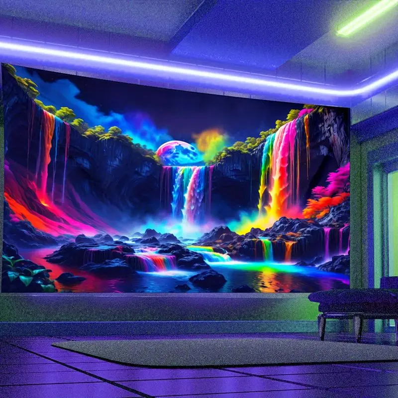 VIKAMA Rainbow Waterfall Alien Giant Moon Illusory Landscape Tapestry Background Esports Hippie Trendy Cool Room Decoration