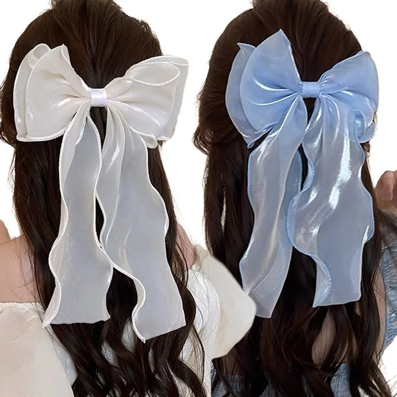 1/2Pcs Sweet Chiffon Bowknot Hair Clips Women Double-deck Ribbon Big Bow Hairpins Girls Champagne Ponytail Holder Clip Headwear