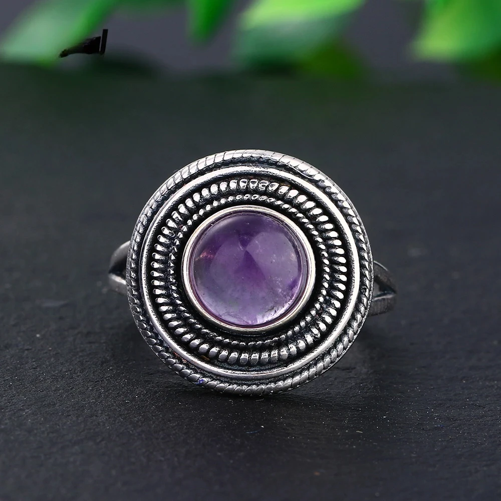 

8MM Round Natural Amethyst Rings Women's S925 Sterling Silver Ring Gemstone Jewelri Wholesale Vintage Style Fine Jewelry