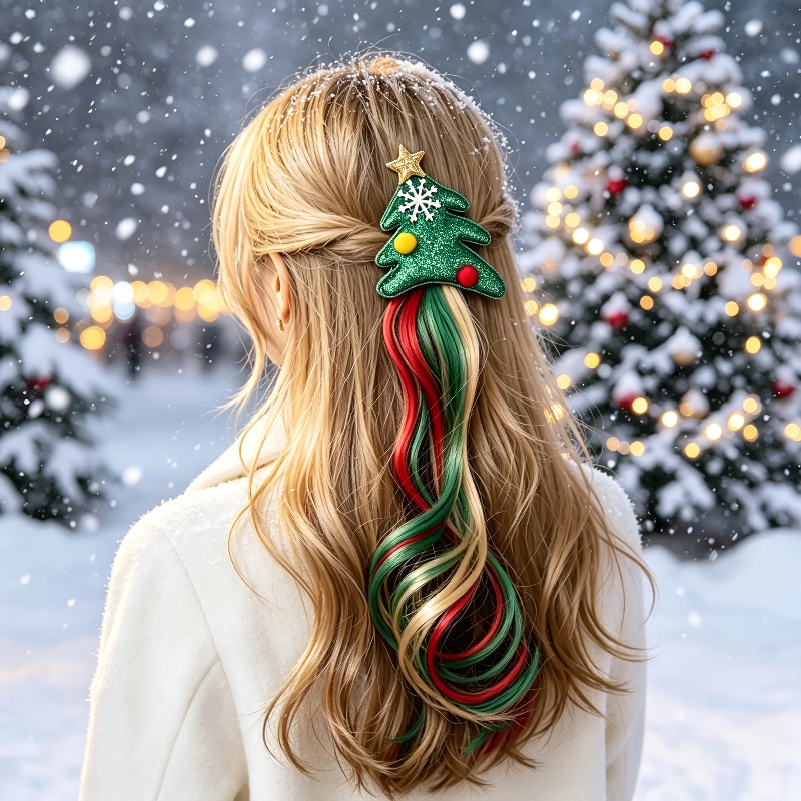 1pc Christmas Pine Tree Wig Headband, 35cm/13.8in Braided Hair Accessory with Bow Star Gold Thread, Festive Headband for Women