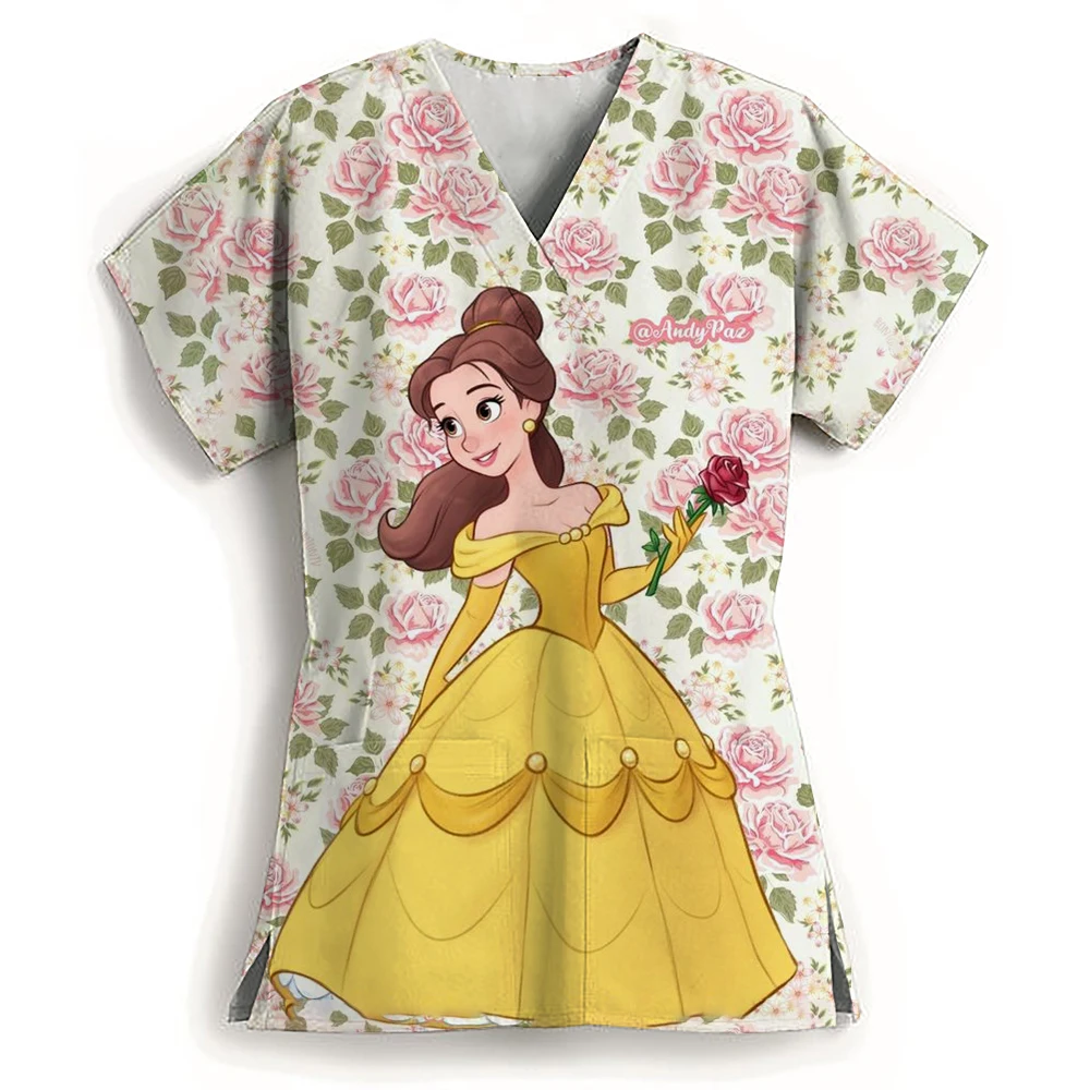 2024 New Unisex Disney Princess Family Print Work Short Sleeve Children's Center Nursing Home V-Neck Nursing Clothes