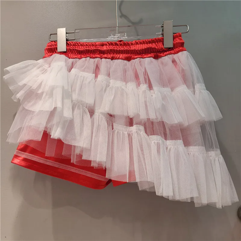 White Mesh Patchwork Red Skirt Shorts for Women 2025 Summer New Clothing Versatile  Elastic Drawstring Waist Shorts