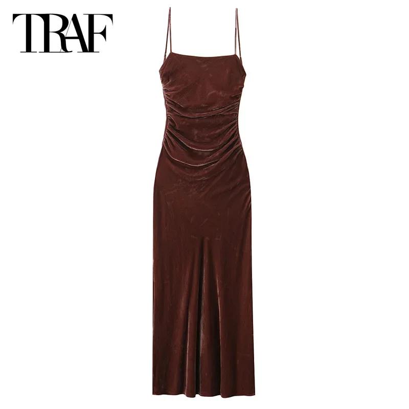 TRAF Women\'s Dress Velvet Ruffled Dresses Elegant Party Dresses Woman Slip Sleeveless Backless Long Dress Fashion Brown Vestidos