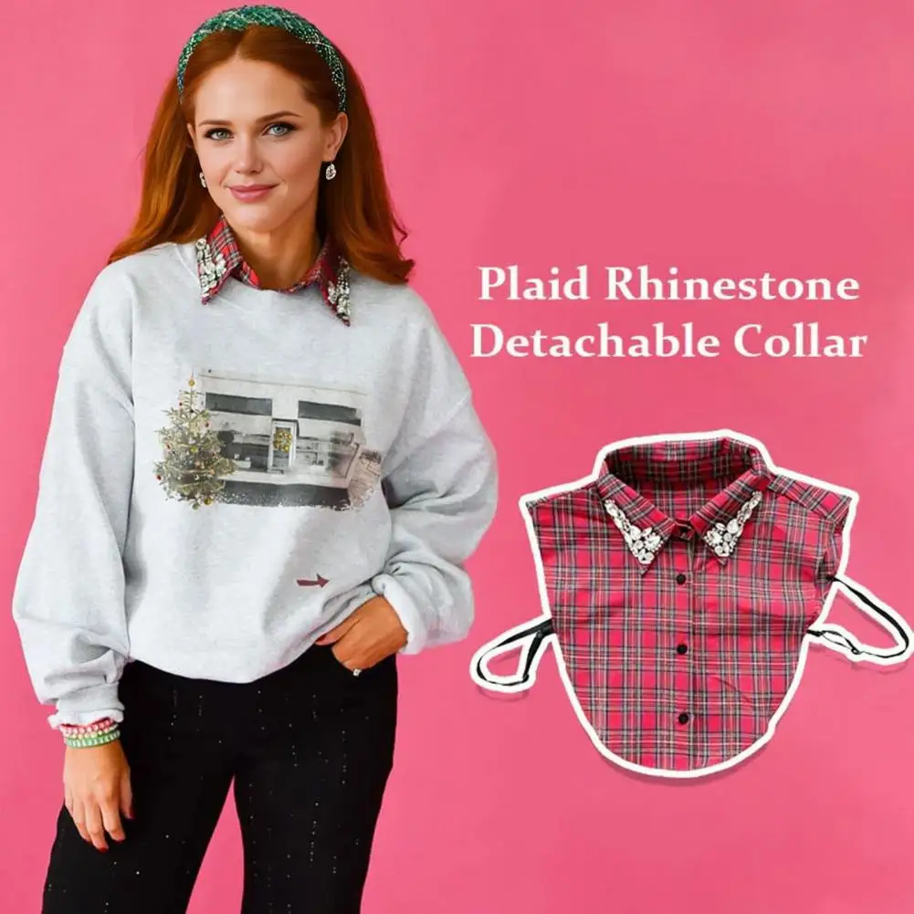 Women Plaid Fake Collar Red Blue Christmas Plaid Collar With Rhinestones Detachable False Collar For Sweater Sweatshirt Hoodie