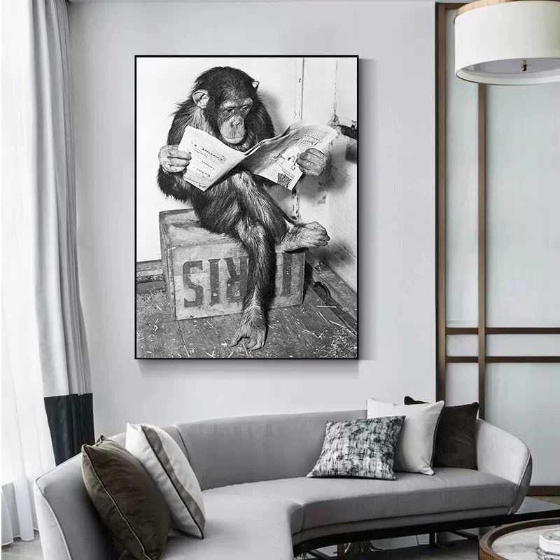 Funny Monkey Reading Newspaper Poster and Print Canvas Painting Business Black White Wall Art For Living Room Home Decoration