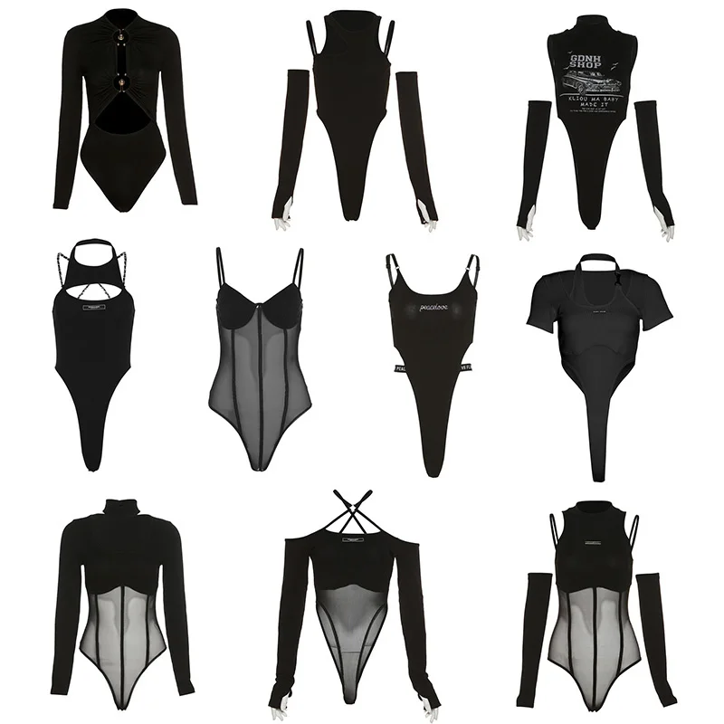 

Gothic Punk Women Bodysuit Mesh Perspective Tight Long Sleeve T-shirt Bodysuit High Split Waist Versatile Women Tops