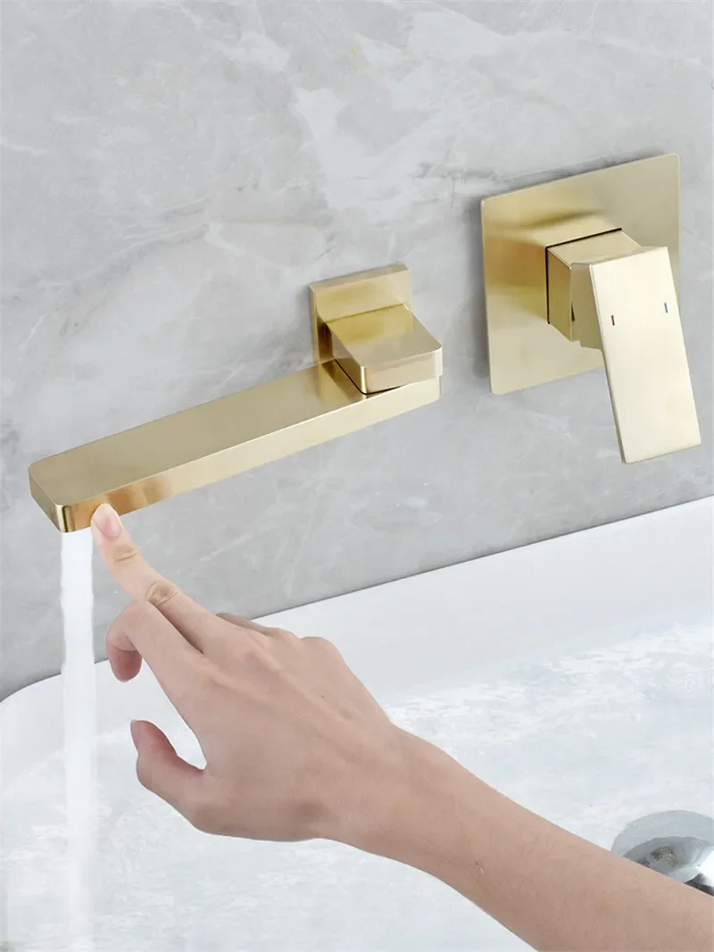 Basin Faucet Wall Mounted Brushed Gold Rotating Bathroom Sink In-Wall Black Basin Tap Basin Mixer Tap Set