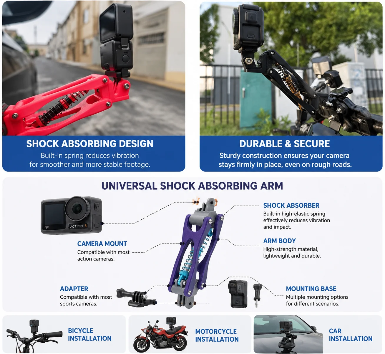 Upgraded Z Axis Shock Absorber Arm for Action Cameras, Anti Vibration Mount with Suction Cup Clamp, Bike Motorcycle Car