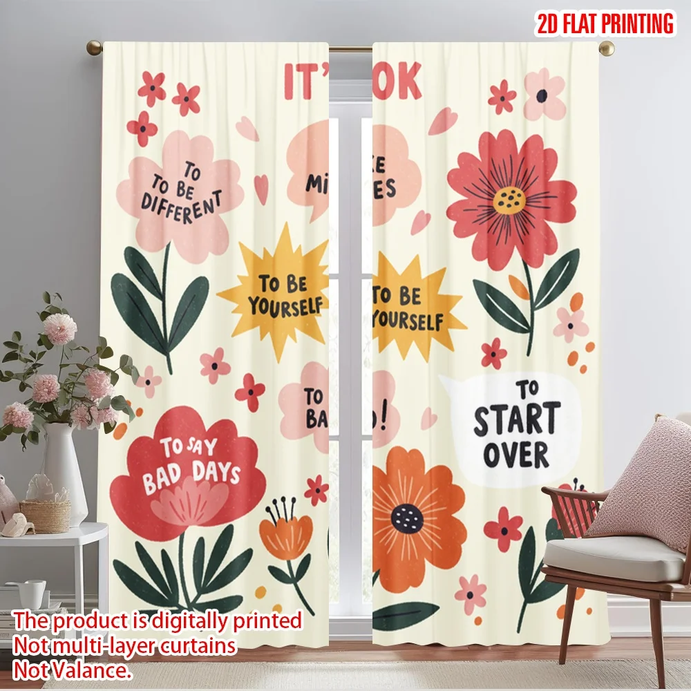 

2pcs 2D flat printing Curtains It's Ok Different Flowers Polyester Fabric Without Electricity Festive Wall Decor Perfect for