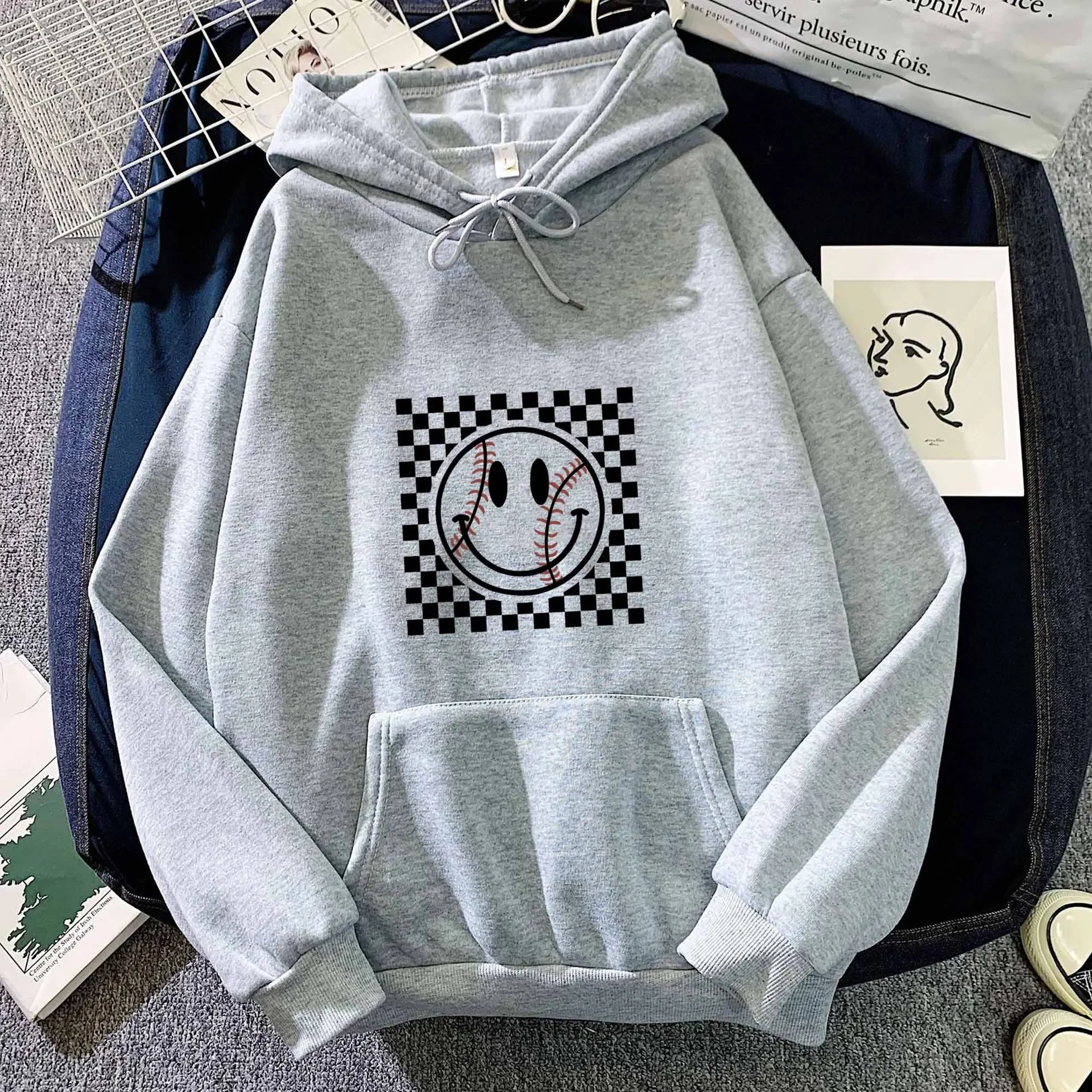 Autumn/Winter Trendy Checkered Smiley Print Hooded Sweatshirt Unisex Couple Style Korean Casual Top For Men And Women