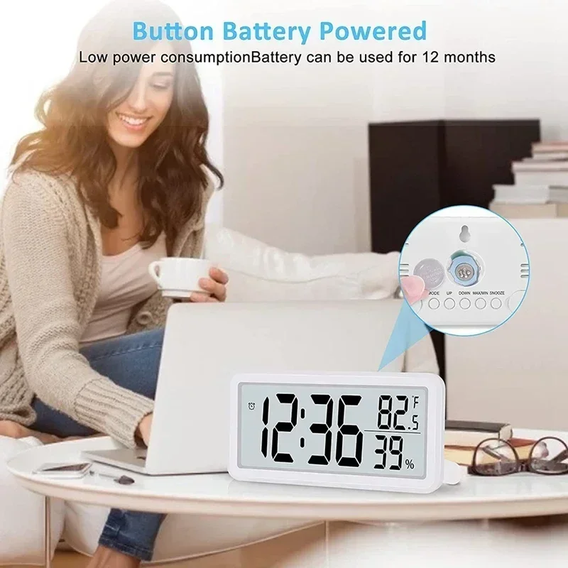 Portable Mini Digital Clock Thermometer Hygrometer Battery Operated 12/24H Desktop Electronic Temperature Humidity Meter