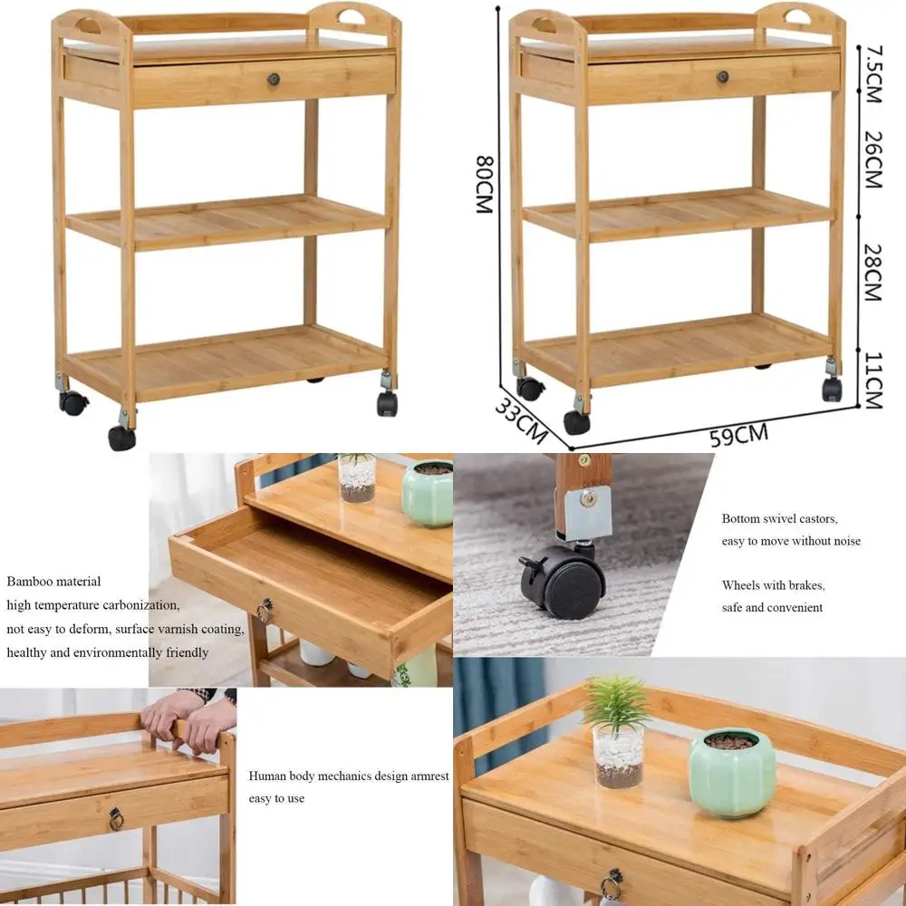 

Solid Wood 3-Tier Bamboo Kitchen Serving Cart for Storage in Hotels, Restaurants, and Salons