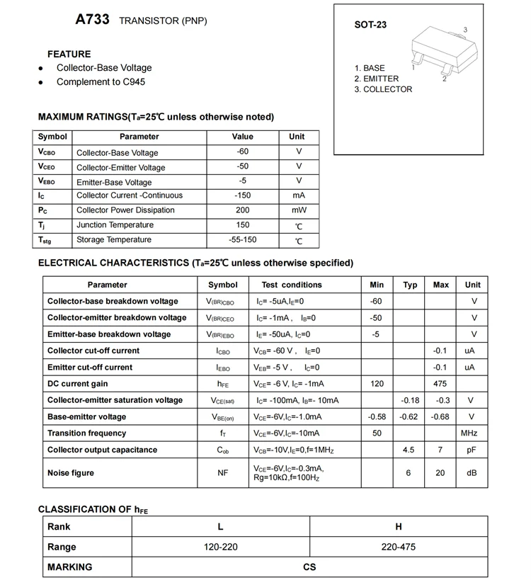 3000PCS A733 C945 CS CR SOT23 NPN PNP 50V 150mA SMD Transistoren 2SC945 2SA733 C945LT1 A733LT1 – Detail 1