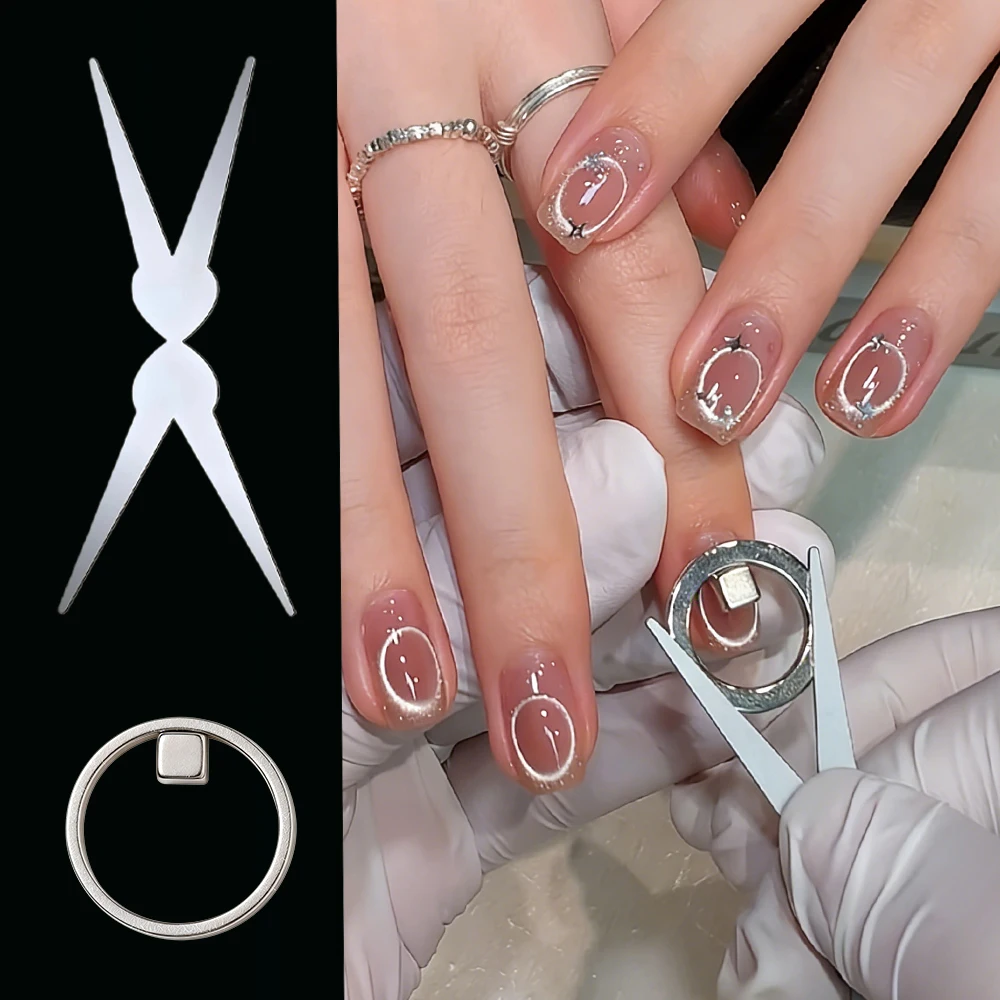 

2Pcs Circular Ring & V-Shape Nail Art Magnet Hollow Cat Eye French Manicure Effect Round Hole Cat Eye Strong Magnetic Rings Tool