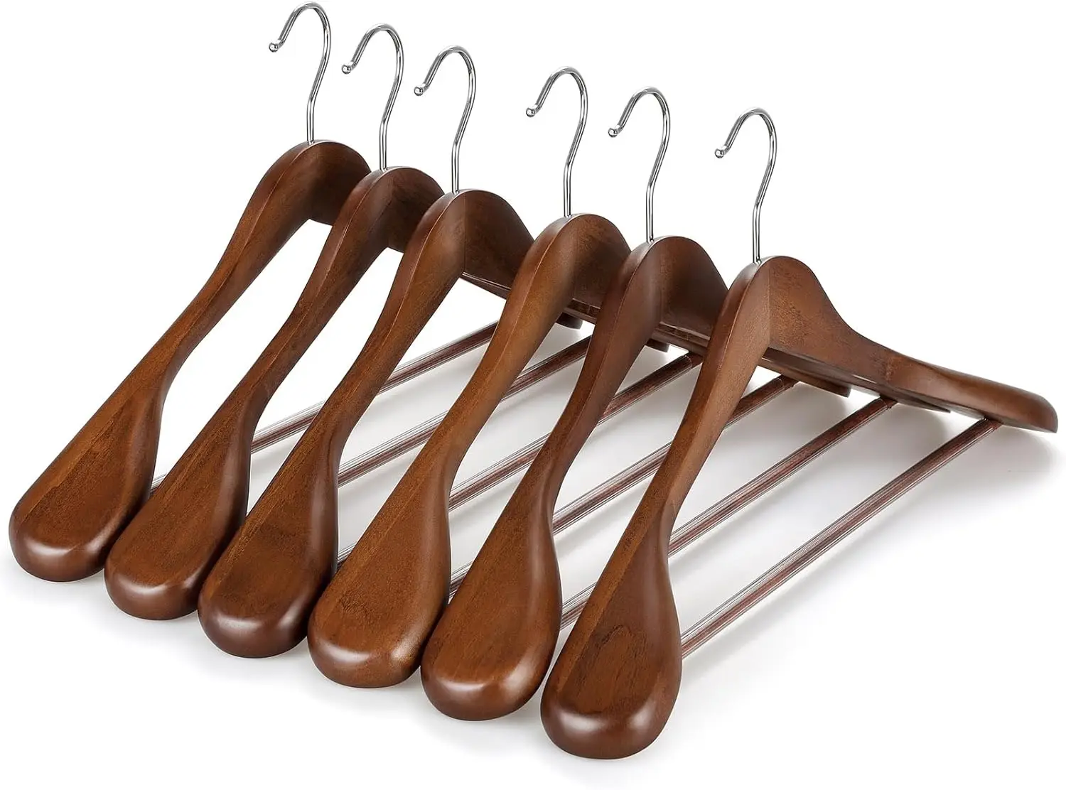 

Wide Shoulder Wooden Hangers with Non-Slip Pants Bar & 360° Swivel Hook, Solid Wood Heavy Duty Coat Hanger, 6 Pack (Walnut)