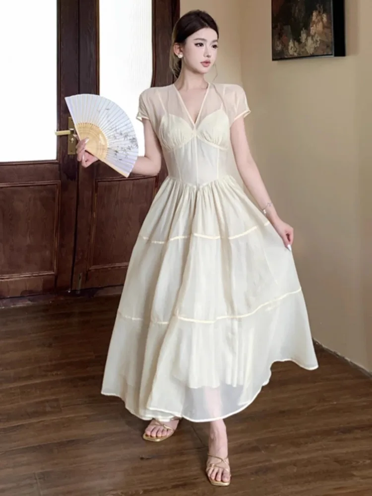 Topanoma Wedding Party Evening Dresses Women V Neck Elegant Temperament Cocktail Dress Ruffles Vintage Fairy Banquet Bridesmaids