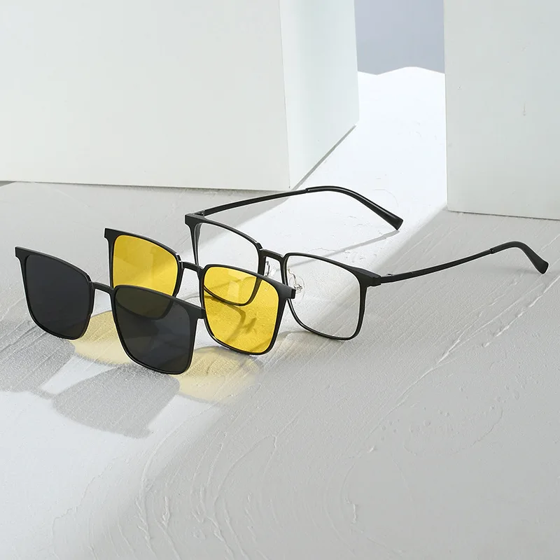 Magnet Eyeglasses Square Full Rim Optical Frame With Sunglasses and Night Driving Clip Big Nose 21mm Wide Bridge Men Glasses