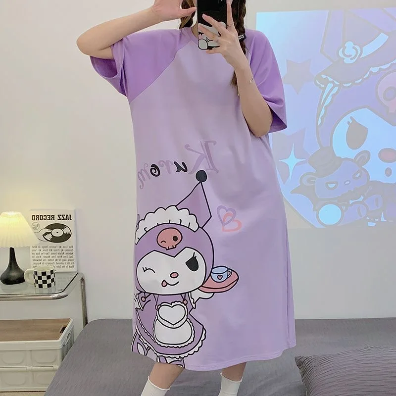 2024 Summer New Sanrio Kulomi3D Printed Cartoon Pattern Girl Shoulder Short Sleeve Dress KID/Adults Cute Loose Casual Pajamas