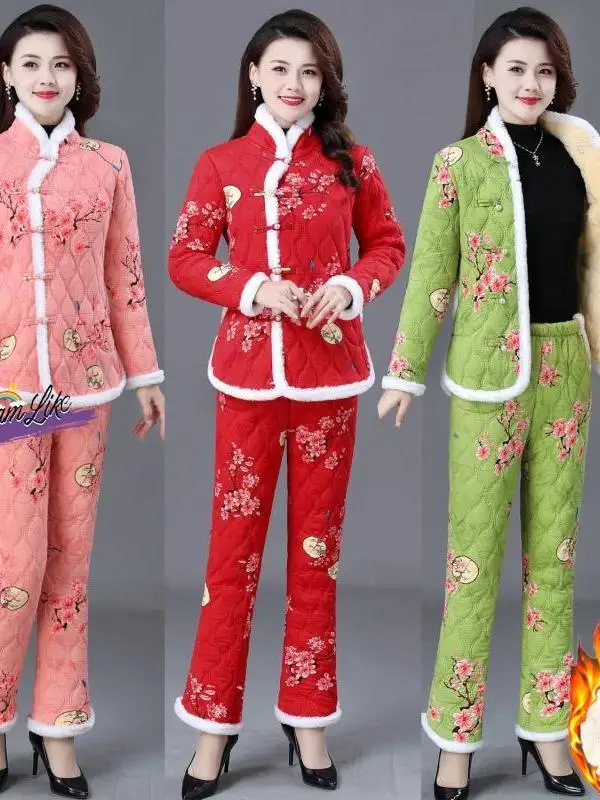 

Зимний комплект одежды Thiened Fce: женская хлопковая куртка с крупным цветочным узором и брюки с воротником из овечьего меха, одежда для мам