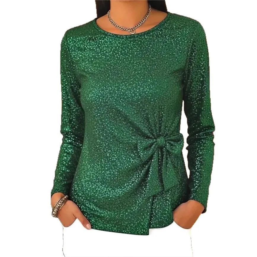 Women's Round Neck Short Sleeved Blouse with Bow Knot Detail and Rhinestone Glitter – Stylish Women's Shirt T-shirt Woman Tops