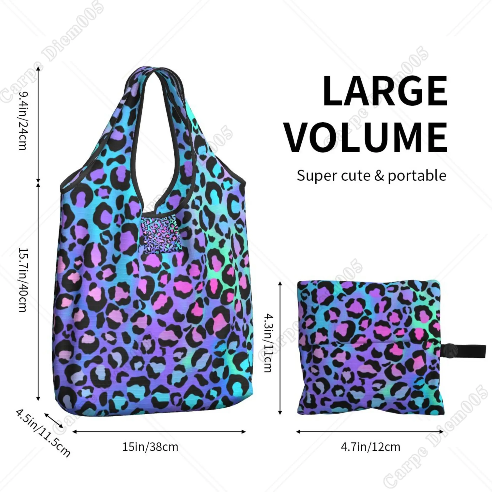 Colorful Leopard Print Folding Shopper Bag Portable Tote Bag Recyclable Grocery Bags for Men Women Outdoor One Size