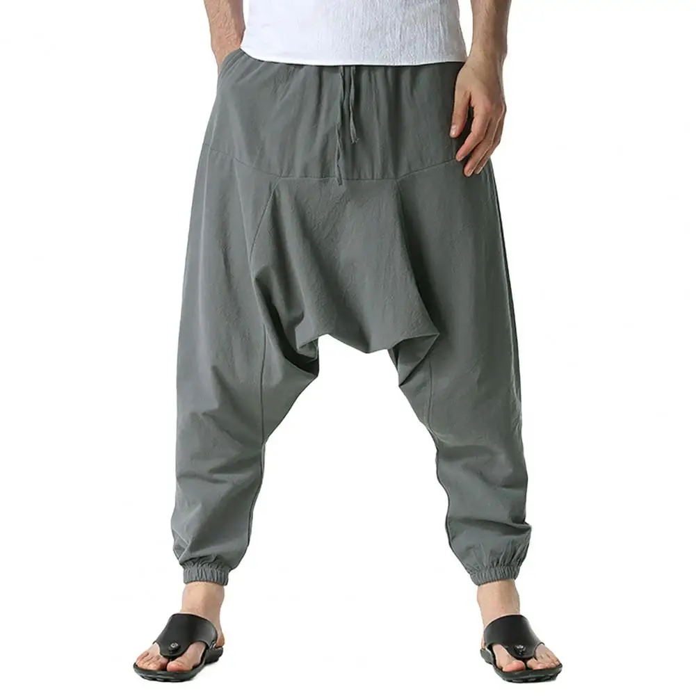 

Mid-rise Lace-up Pants Elastic Waistband Pants Comfortable Loose Fit Trousers with Crotch Large Pockets for Hiking Work Travel