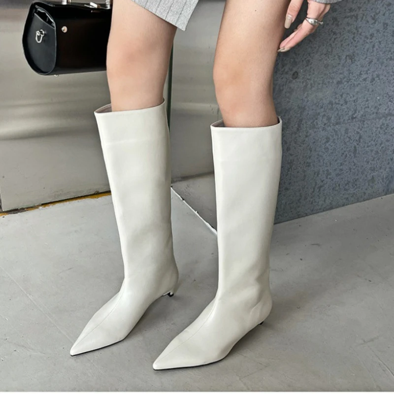 New Luxury Brand Pointed Toe Knee Boots Women 2024 Fall Low Heel Retro Knight Boots Fashions Wide Calf Designer Long Boots Women