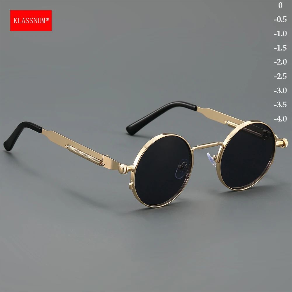 KLASSNUM Lunettes de soleil optiques rondes Steampunk pour hommes et femmes, verres de myopie vintage, dioptries 0-1.0-1.5-2.0-2.5-3.0-3.5