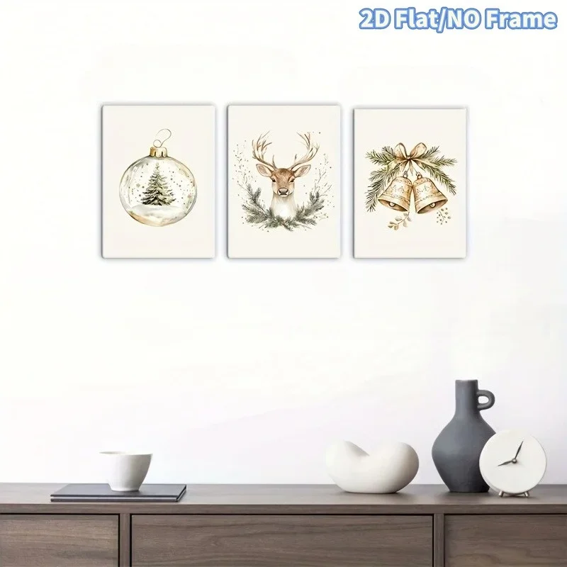 2D Flat, 2D Flat, 3pcs 2D Flat Frameless Golden White Easy Modern Christmas Wall Art Set - Golden Accent Tree, Reindeer And B